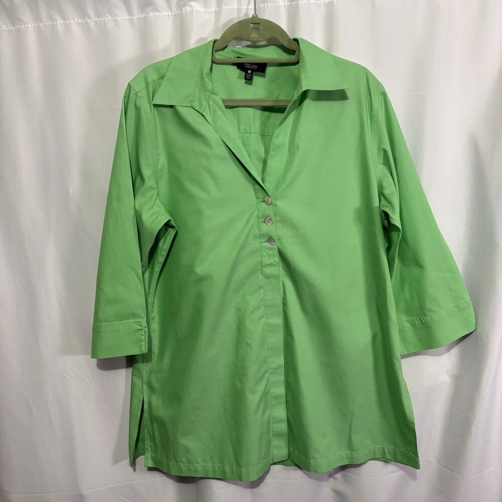 Foxcroft Pamela Non Iron Stretch 3/4 Sleeve Tunic Sz 14 Green Button Front